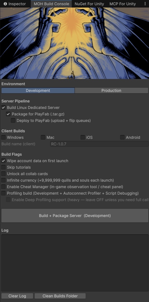 The MOH Build Console in the Unity editor