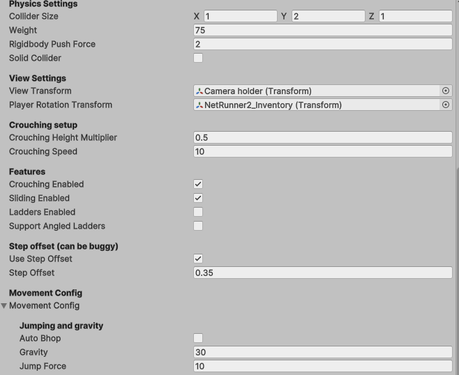 Movement config — physics, view, crouch, jumping settings