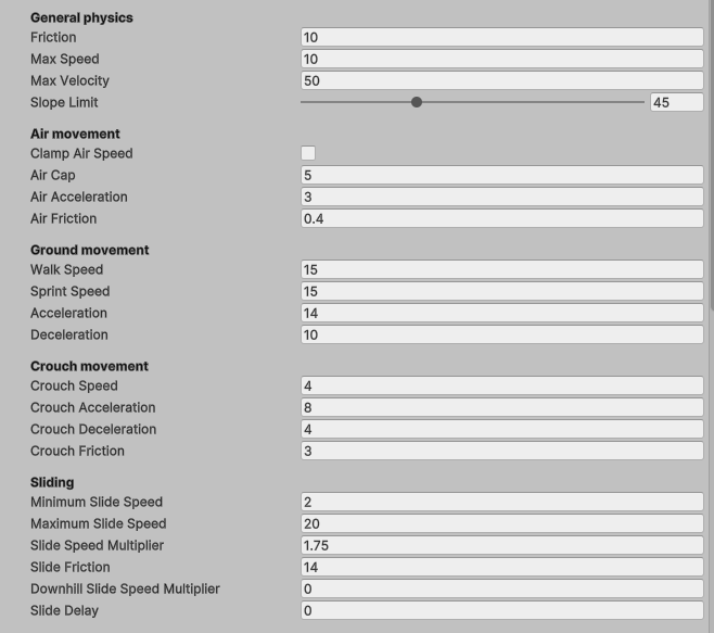 Movement config — physics, air, ground, crouch, sliding settings